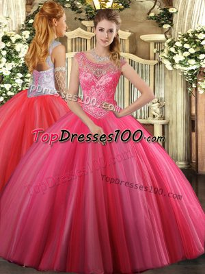 Custom Designed Coral Red 15 Quinceanera Dress Sweet 16 and Quinceanera with Beading Scoop Sleeveless Lace Up