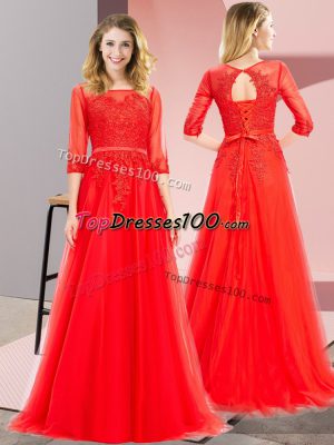 Tulle Square 3 4 Length Sleeve Lace Up Lace Prom Dress in Red