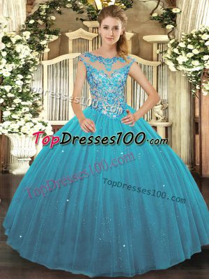 Simple Teal Ball Gowns Beading Quince Ball Gowns Lace Up Tulle Sleeveless Floor Length