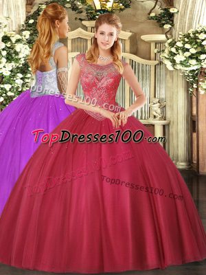 Great Coral Red Scoop Neckline Beading 15 Quinceanera Dress Sleeveless Lace Up