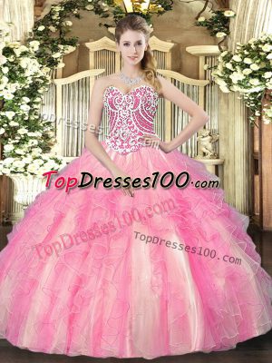 Romantic Sleeveless Tulle Floor Length Lace Up Ball Gown Prom Dress in Rose Pink with Beading and Ruffles