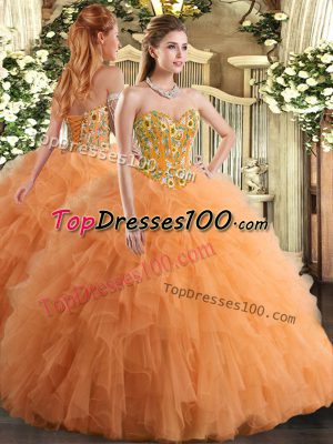 Lovely Sleeveless Floor Length Embroidery and Ruffles Lace Up 15 Quinceanera Dress with Orange