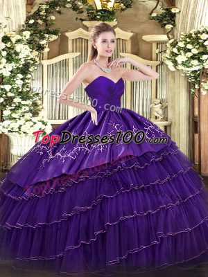Floor Length Purple Quinceanera Dress Organza and Taffeta Sleeveless Embroidery and Ruffled Layers