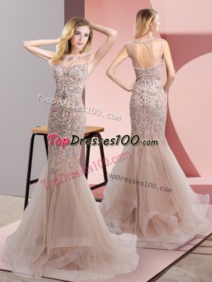 Artistic Champagne Zipper Scoop Beading and Ruffles Tulle Sleeveless Sweep Train