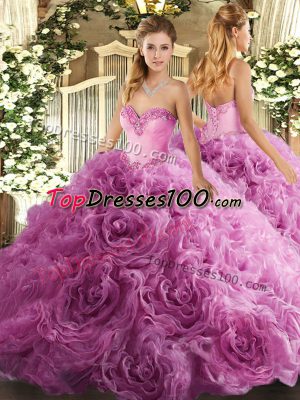 Rose Pink Lace Up Sweetheart Beading Quince Ball Gowns Fabric With Rolling Flowers Sleeveless