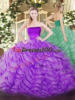 Luxury Strapless Sleeveless 15th Birthday Dress Brush Train Ruffles Eggplant Purple Tulle