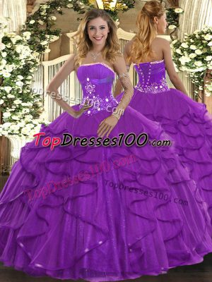 Extravagant Purple Ball Gowns Strapless Sleeveless Tulle Floor Length Lace Up Beading and Ruffles Quinceanera Gown