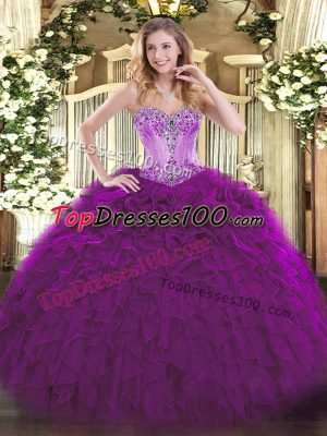 Discount Eggplant Purple Sweet 16 Dress Sweet 16 and Quinceanera with Beading and Ruffles Sweetheart Sleeveless Lace Up