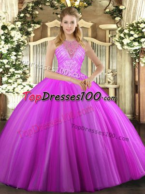 Romantic Fuchsia Vestidos de Quinceanera Military Ball and Sweet 16 and Quinceanera with Beading High-neck Sleeveless Lace Up