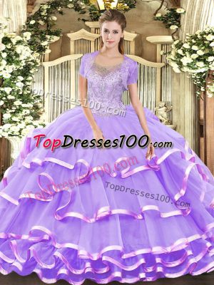 High Quality Sleeveless Floor Length Beading and Ruffled Layers Lace Up 15th Birthday Dress with Lavender