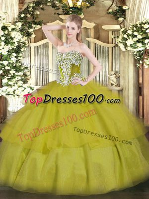 Clearance Tulle Strapless Sleeveless Lace Up Beading and Ruffled Layers 15th Birthday Dress in Olive Green