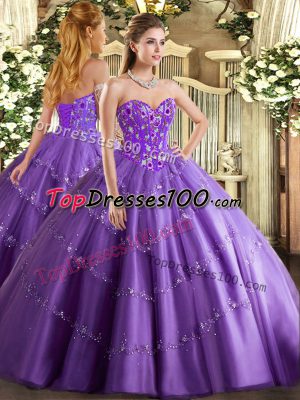 Modest Ball Gowns Quinceanera Dresses Lavender Sweetheart Tulle Sleeveless Floor Length Lace Up