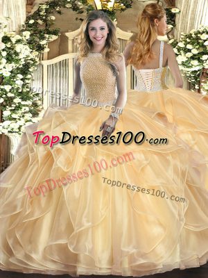 Stylish Sleeveless Lace Up Floor Length Beading and Ruffles Quinceanera Gown