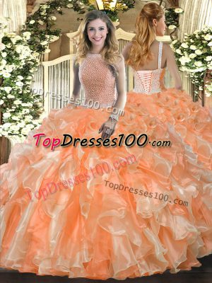Orange Red Ball Gown Prom Dress Military Ball and Sweet 16 and Quinceanera with Beading and Ruffles High-neck Sleeveless Lace Up