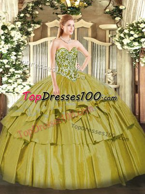 Affordable Olive Green Sleeveless Organza and Taffeta Lace Up Ball Gown Prom Dress for Military Ball and Sweet 16 and Quinceanera