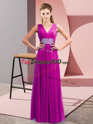 Customized Fuchsia Side Zipper Prom Dress Beading and Ruching Sleeveless Floor Length