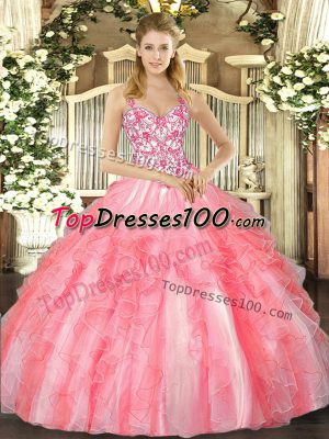 Coral Red Straps Lace Up Beading and Ruffles Sweet 16 Dress Sleeveless