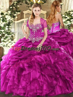 New Arrival Fuchsia Sweetheart Neckline Beading and Ruffles and Pick Ups Quinceanera Dress Sleeveless Lace Up
