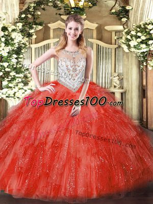 Ideal Coral Red Ball Gowns Beading and Ruffles Quinceanera Gowns Zipper Tulle Sleeveless Floor Length