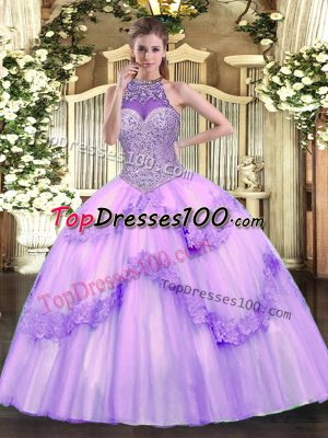 Customized Beading and Appliques Quinceanera Dress Lavender Lace Up Sleeveless Floor Length