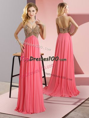 Watermelon Red Empire Chiffon Spaghetti Straps Sleeveless Beading Floor Length Zipper Party Dress for Girls Sweep Train