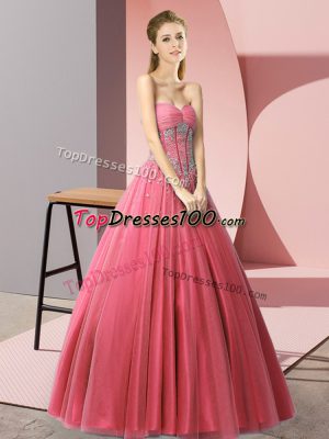 Suitable Coral Red A-line Beading Prom Dresses Lace Up Tulle Sleeveless Floor Length