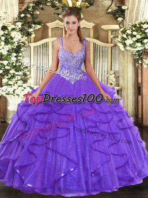 Amazing Lavender Lace Up 15th Birthday Dress Beading and Ruffles Sleeveless Floor Length