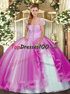 Fuchsia Strapless Neckline Appliques and Ruffles 15th Birthday Dress Sleeveless Lace Up