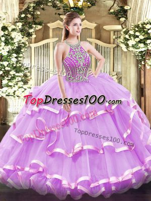 Unique Floor Length Lace Up Sweet 16 Dress Lilac for Military Ball and Sweet 16 and Quinceanera with Beading and Ruffled Layers