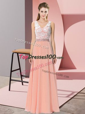 Unique Sleeveless Chiffon and Lace Floor Length Backless Homecoming Dress in Peach with Beading