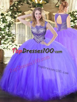 Clearance Floor Length Lavender Sweet 16 Dresses Tulle Sleeveless Beading