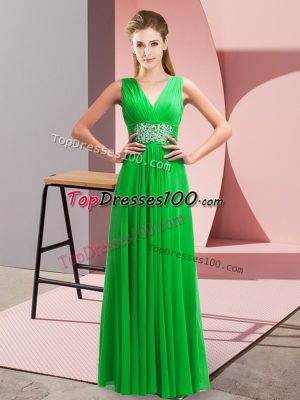 Customized Floor Length Green Prom Gown Chiffon Sleeveless Beading and Ruching