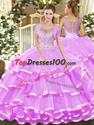Dynamic Lilac Scoop Neckline Beading and Ruffled Layers Sweet 16 Dresses Sleeveless Clasp Handle