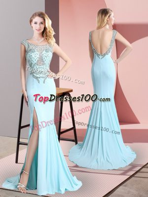 Classical Aqua Blue Sleeveless Beading Backless Party Dress for Girls