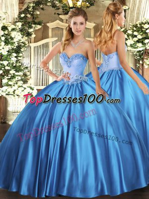 Latest Baby Blue Satin Lace Up Sweetheart Sleeveless Floor Length Quinceanera Dresses Beading