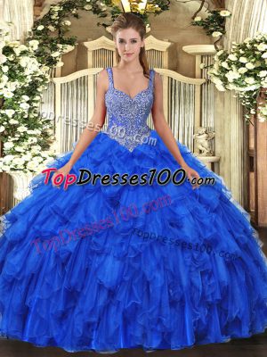Beading and Ruffles 15 Quinceanera Dress Royal Blue Lace Up Sleeveless Floor Length