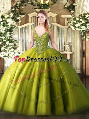 Classical Beading and Appliques 15 Quinceanera Dress Olive Green Lace Up Sleeveless Floor Length