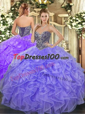 High Class Lavender Ball Gowns Beading and Ruffles Vestidos de Quinceanera Lace Up Organza Sleeveless Floor Length