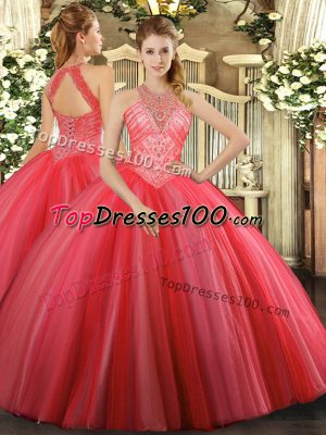 Coral Red High-neck Neckline Beading Quince Ball Gowns Sleeveless Lace Up