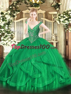 Customized Green V-neck Neckline Beading and Ruffles Quinceanera Gown Sleeveless Lace Up