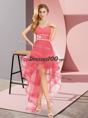 Coral Red Sleeveless High Low Beading Lace Up Dress for Prom