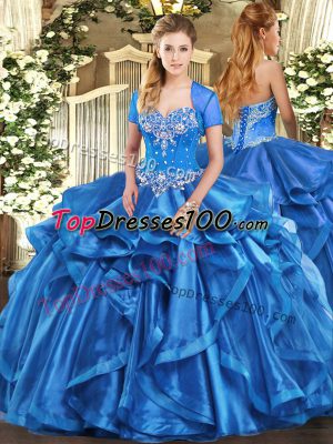 Baby Blue Organza Lace Up Sweetheart Sleeveless Floor Length Quince Ball Gowns Beading and Ruffles