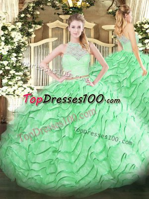 Nice Sleeveless Lace and Ruffles Zipper Vestidos de Quinceanera with Apple Green Brush Train