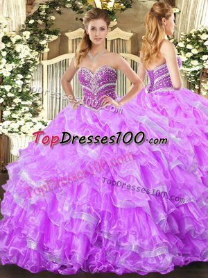 Romantic Sweetheart Sleeveless 15 Quinceanera Dress Floor Length Beading and Ruffled Layers Lilac Organza