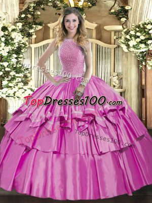 Ideal Sleeveless Organza and Taffeta Floor Length Lace Up Quince Ball Gowns in Lilac with Beading and Ruffled Layers