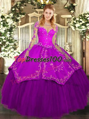 Simple Ball Gowns Sweet 16 Dresses Purple Scoop Organza and Taffeta Long Sleeves Floor Length Lace Up
