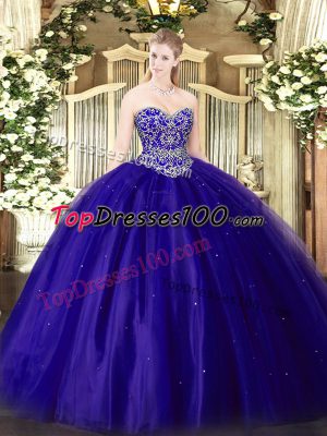 New Arrival Blue Ball Gowns Tulle Sweetheart Sleeveless Beading Floor Length Lace Up Sweet 16 Dress