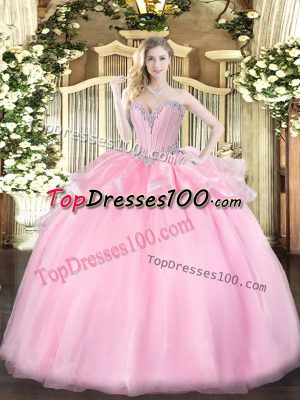 Beading 15 Quinceanera Dress Pink Lace Up Sleeveless Floor Length