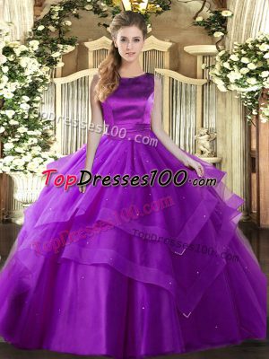 Popular Scoop Sleeveless Sweet 16 Dresses Floor Length Ruffled Layers Eggplant Purple Tulle