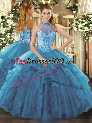 Teal Sleeveless Organza Lace Up Ball Gown Prom Dress for Sweet 16 and Quinceanera